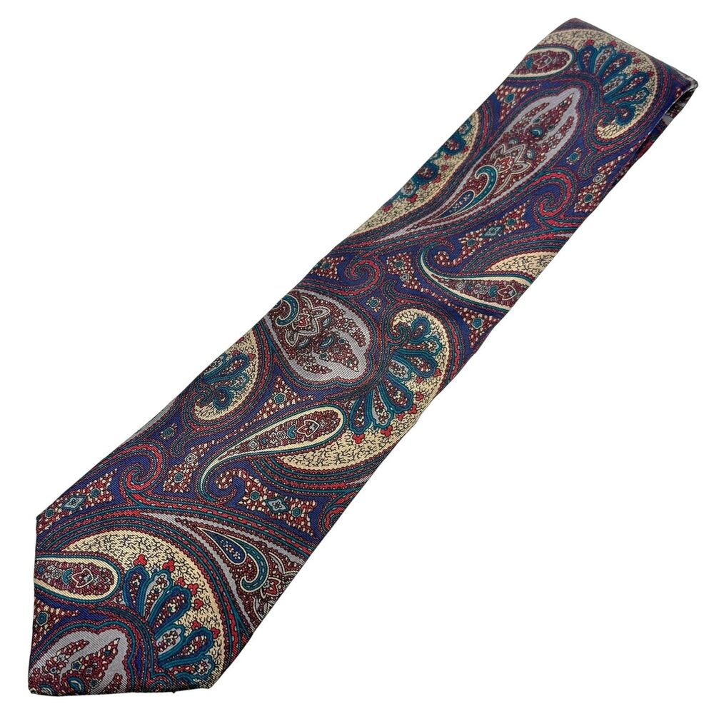 Lord & Taylor Mens Silk Paisley Tie Navy Blue Burgundy Gold Handmade Vintage 57"